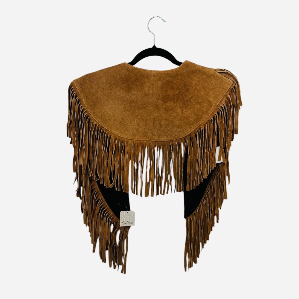 Free People Western Fringe Leather Shawl NWT OS | Tan Suede Fringe Wrap Boho - Picture 12 of 12